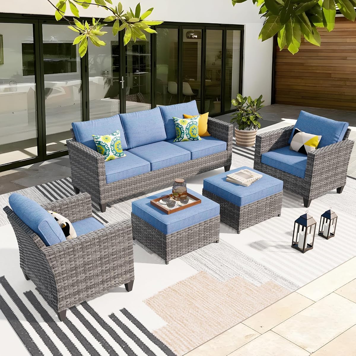 Patio Furniture Set, 5 Pieces Outdoor Wicker Sofa Couch with Chairs, Ottomans and Comfy Cushions, All Weather High Back Rattan Conversation Set, Denim Blue
