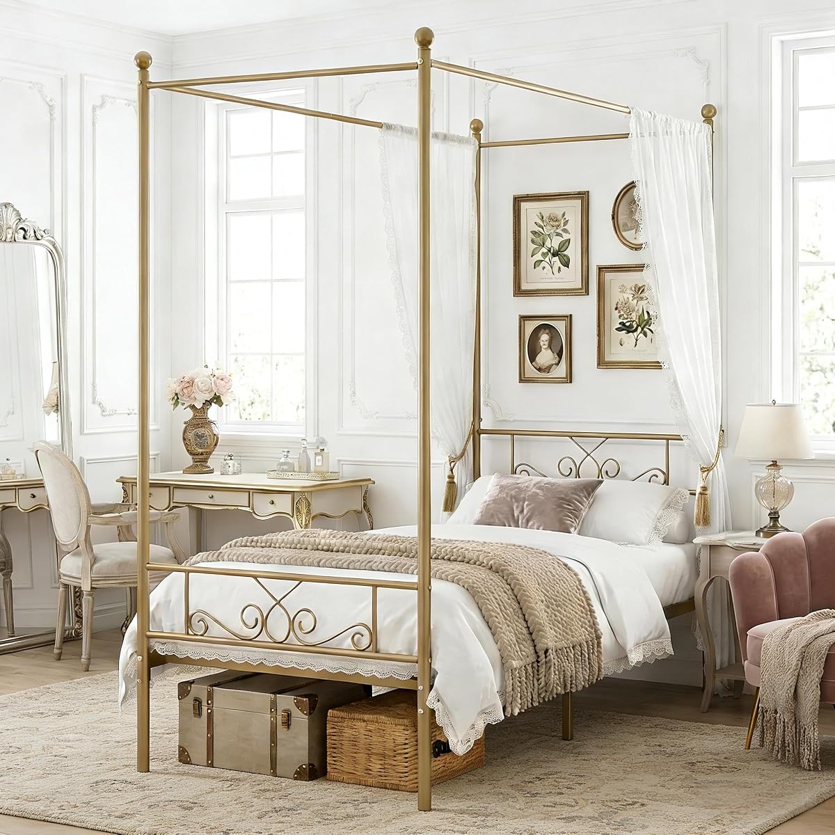 Twin Canopy Bed Frame with Headboard, Metal Twin Beds for Kids, Gold