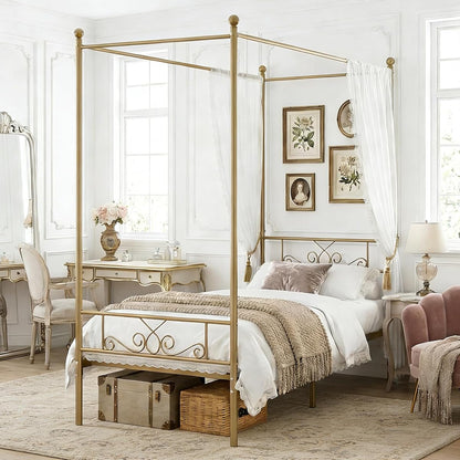 Twin Canopy Bed Frame with Headboard, Metal Twin Beds for Kids, Gold