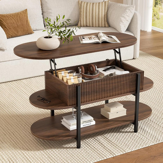 41.7" Fluted Oval Lift Top Coffee Table with Hidden Storage, Walnut | Fluted Wood Center Table, 3 Tier Small Tables with Curved Edge, Modern Narrow Coffee Table for Living Room Reception Room