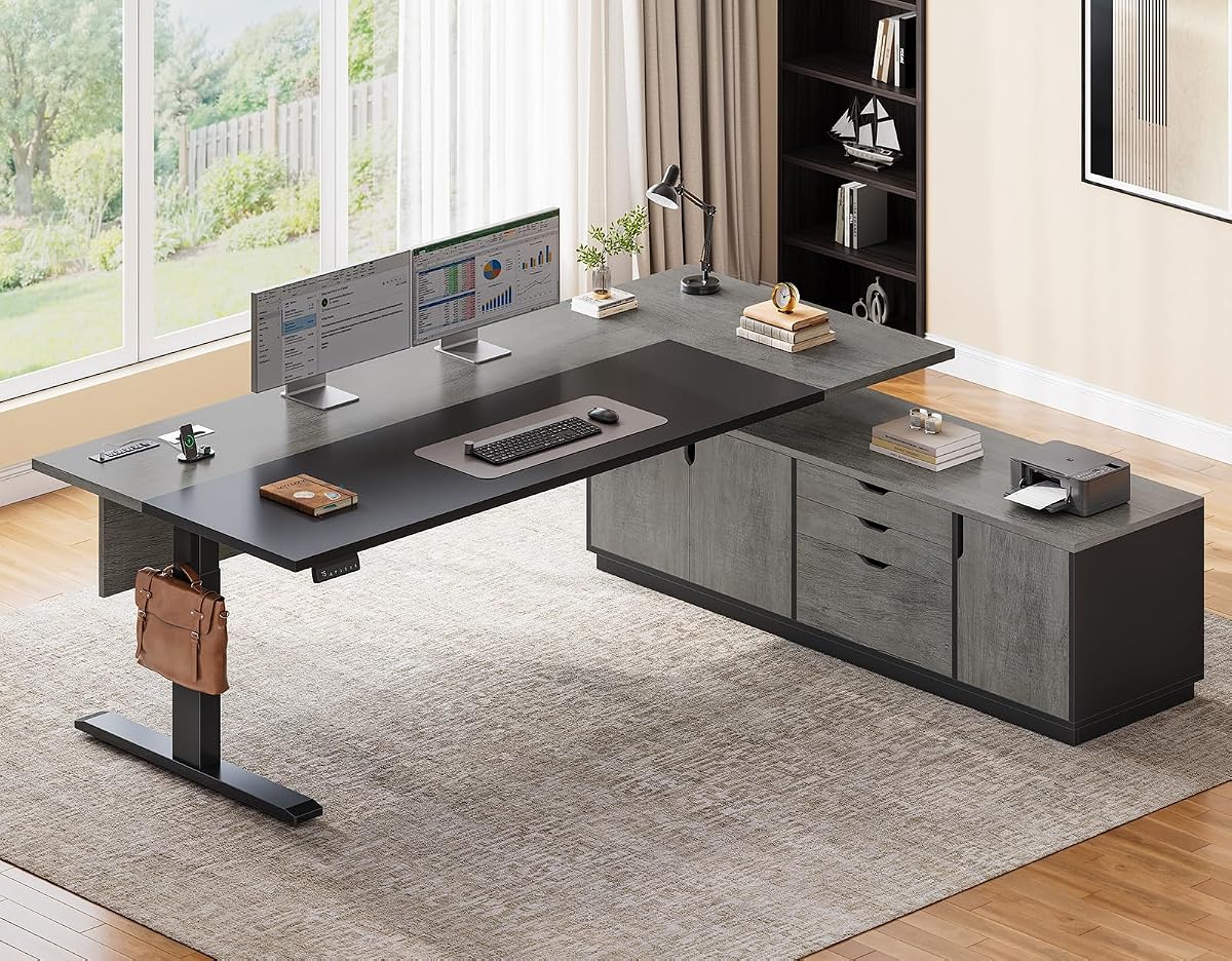 71" Executive Large L Shaped Electric Standing Desk, Grey