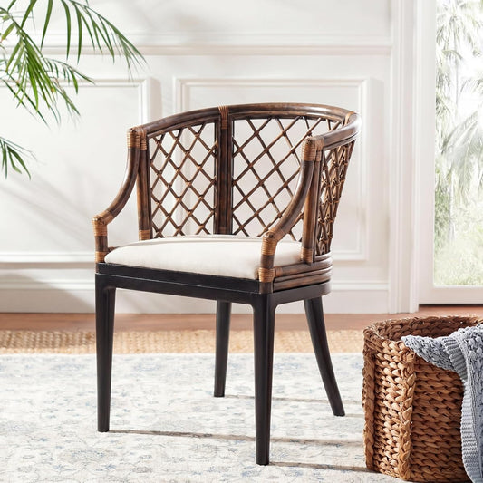 SAFAVIEH Furniture - Carlotta Rattan Arm Chair - Brown & Black - Solid Wood - Coastal Open-Arm Design - Ideal for Living Room, Sunroom, Bedroom (SEA4013C)