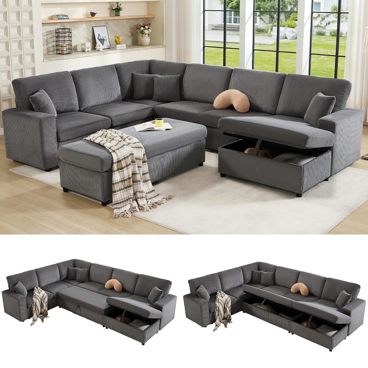 129 Inch Sectional Couches for Living Room,Sectional Sofa with Storage & Ottoman,Modular Sectional Couch Converts to Sleeper,Cloud Couch Sectional for Large Space with Corduroy,Grey