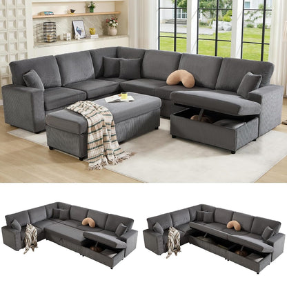 129 Inch Sectional Couches for Living Room,Sectional Sofa with Storage & Ottoman,Modular Sectional Couch Converts to Sleeper,Cloud Couch Sectional for Large Space with Corduroy,Grey