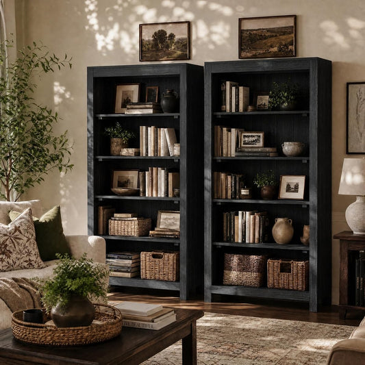 71" Solid Wood 5-Tier Tall Bookcase (2, Black)