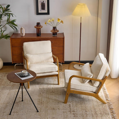 Chenille Mid-Century Modern Accent Chair Set of 2, Cute Reading Arm Chair with Cushion & Lumbar Pillow & Solid Wood Frame for Lounge, Living Room, Reading Room, Bedroom,Cream