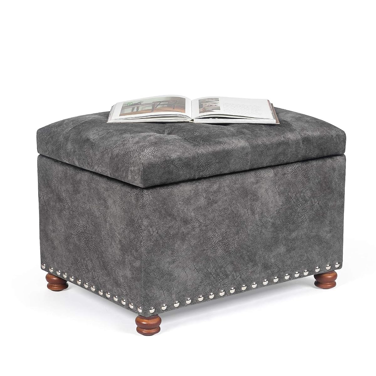 High End Classy Tufted Accents Rectangular Storage Bench Ottoman Footstool,Heather Gray