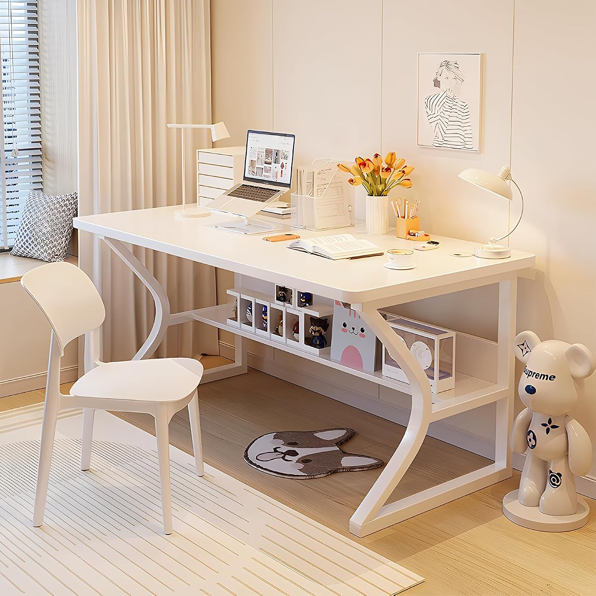 Small Computer Desk 47.2 Inch with Bookshelf White