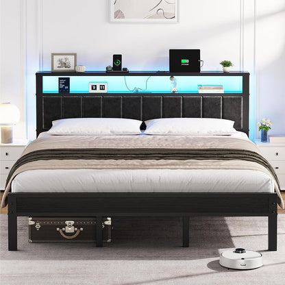 King Bed Frame with Charging Station & LED Lights