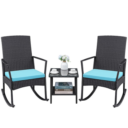 3 Pieces Patio Furniture Set Outdoor Wicker Rocking Chairs with Glass Coffee Table for Garden Backyard Porch Poolside, Blue