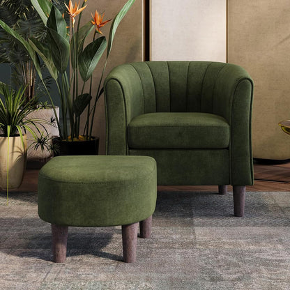 Accent Chair with Ottoman, Modern Barrel Chair Comfy Armchair Reading Chair with Footrest, Small Round Arms Chair for Living Room Bedroom Reading Room, Velvet, Olive