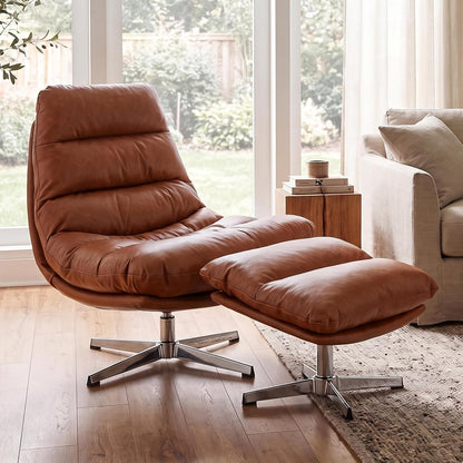 Brown Swivel Lounge Chair with Ottoman and Footrest