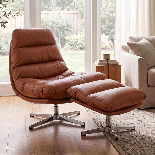 Brown Swivel Lounge Chair with Ottoman and Footrest