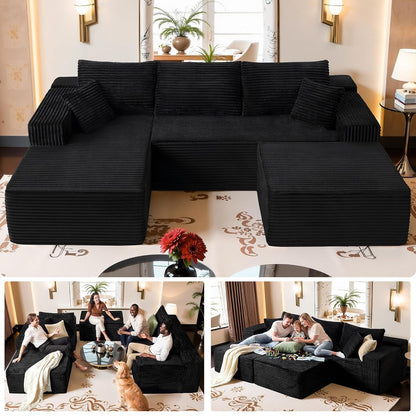 108" Black Modular Sectional Sofa with Ottoman, Cloud U-Shaped Couch for Living Room – No Assembly Needed, Plush Corduroy Fabric, Deep 28" Seat, High-Resilience Foam (Right-Facing Chaise)