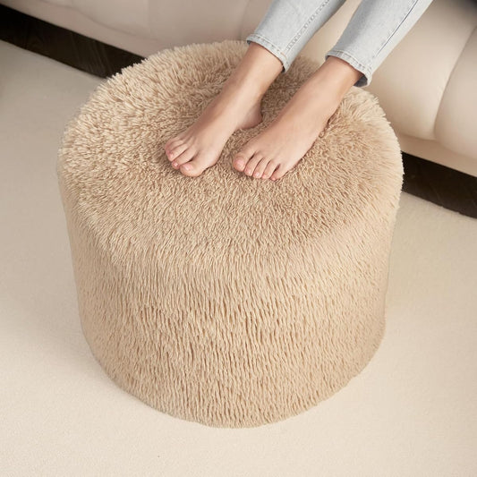 Round Pouf Ottoman Foot Rest, Footstool, Brown | High-Density One-Piece Foam, 17 x 14 Inch, Firm & Stable, for Couch, Bedroom, Living Room, Machine Washable Cover