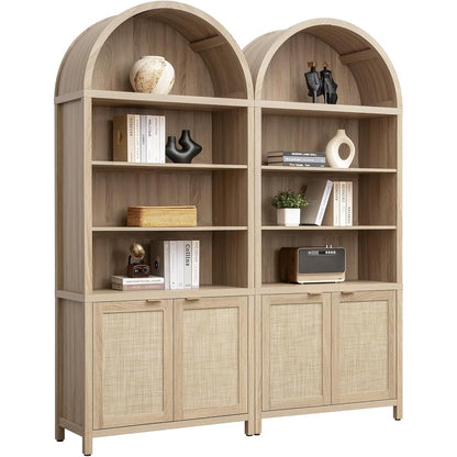 84.2" Tall Arched Bookcase with Doors - 5 Tier Rattan Bookshelf