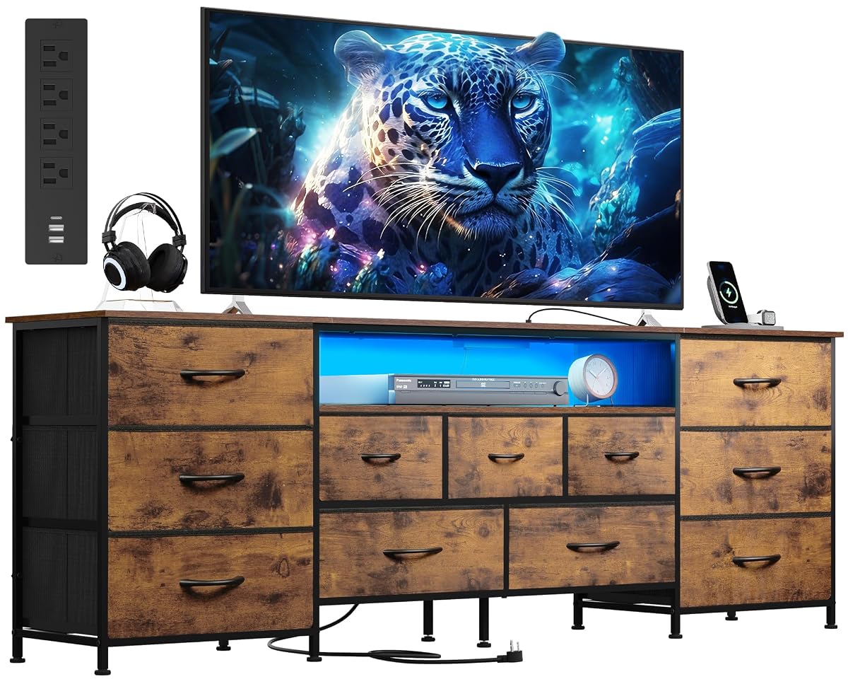 Dresser TV Stand for 85 Inch TV, 11 Drawer LED Dresser, Rustic Brown