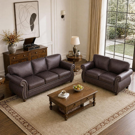 88" W Living Room Furniture Sets, 3-Seater&Loveseat, Brown