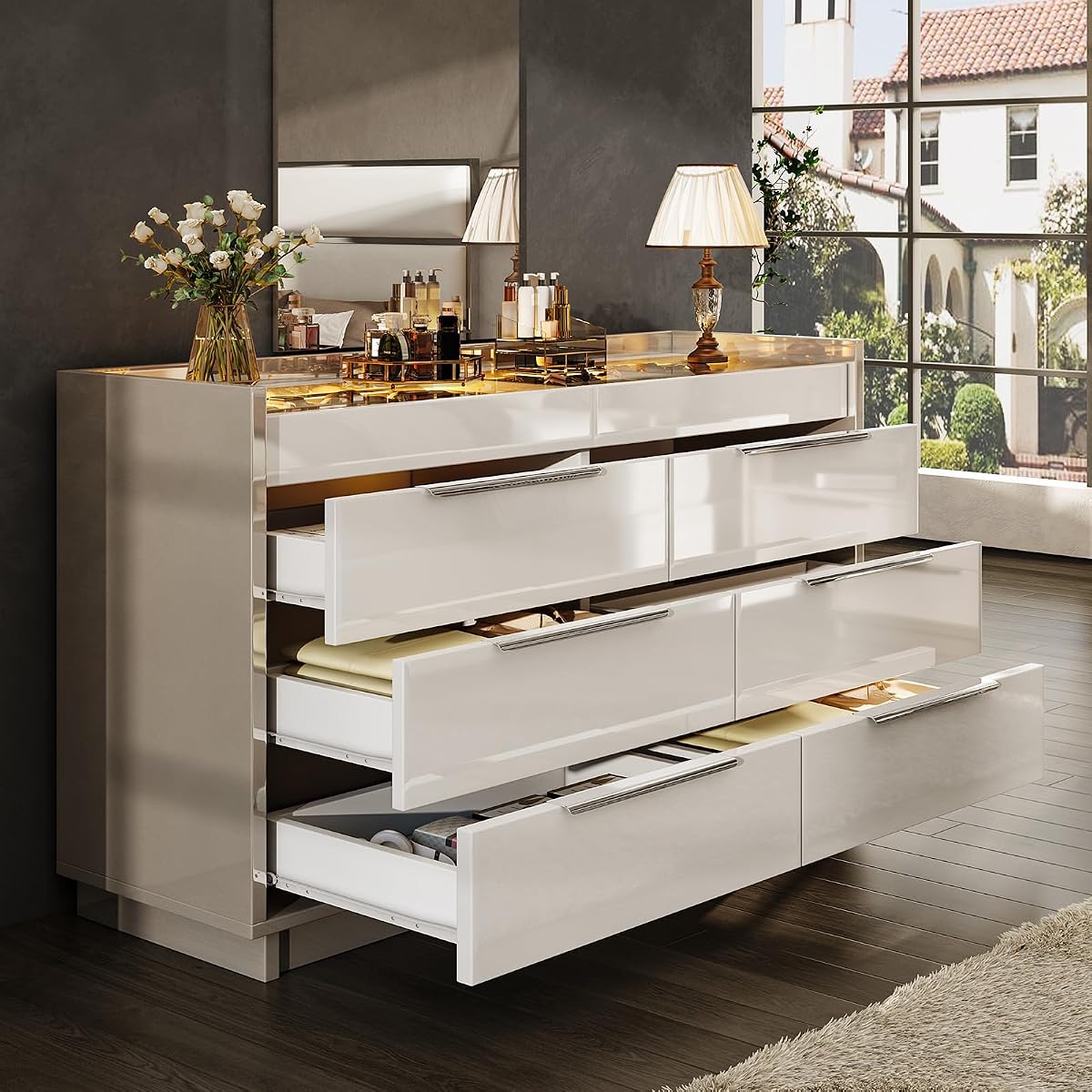 47.2" W 8-Drawer Dresser with Glass Top, High Gloss, Cream & Grey