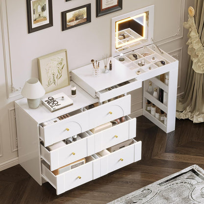 LUMISOL 59.9'' Large Vanity Desk with Flip-Top Tabletop and 7 Drawers, Makeup Vanity Table with Compartments, 3 Shelves, White
