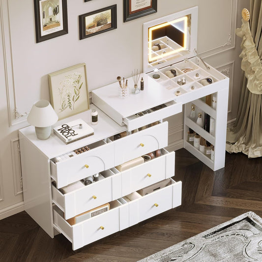 LUMISOL 59.9'' Large Vanity Desk with Flip-Top Tabletop and 7 Drawers, Makeup Vanity Table with Compartments, 3 Shelves, White