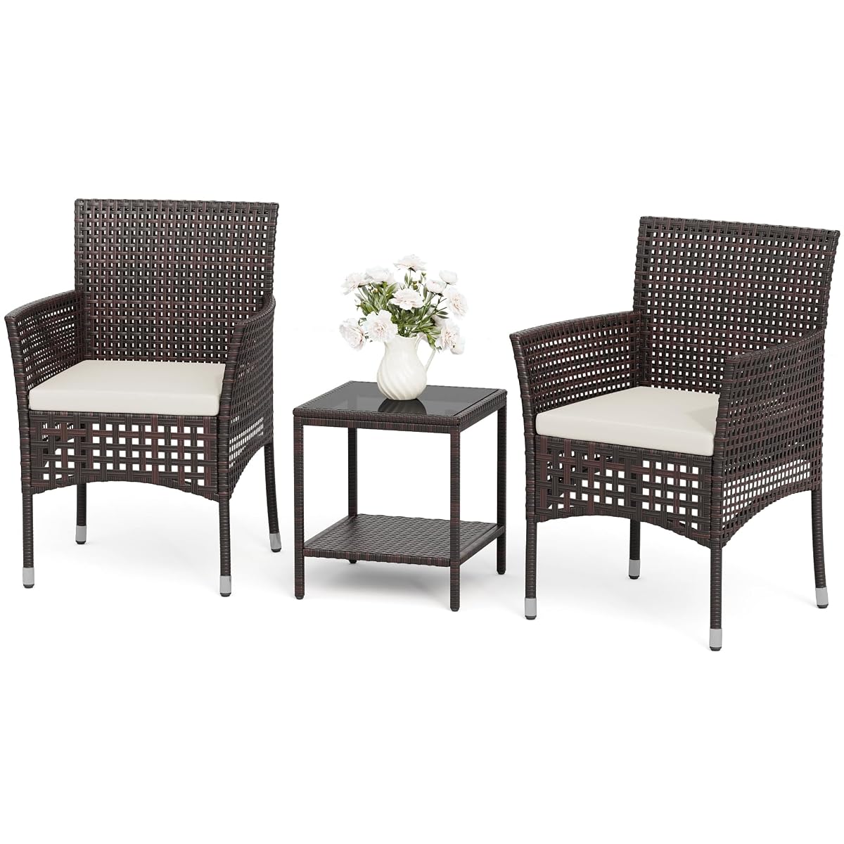 Outdoor 3 Piece Patio Furniture Set Wicker Chairs with Glass-top Coffee Table for Garden, Balcony, and Porch (Brown)