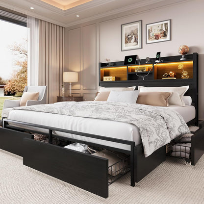 King Size Bed Frame with 6 Storage Drawers and Headboard Wooden Platform Bed