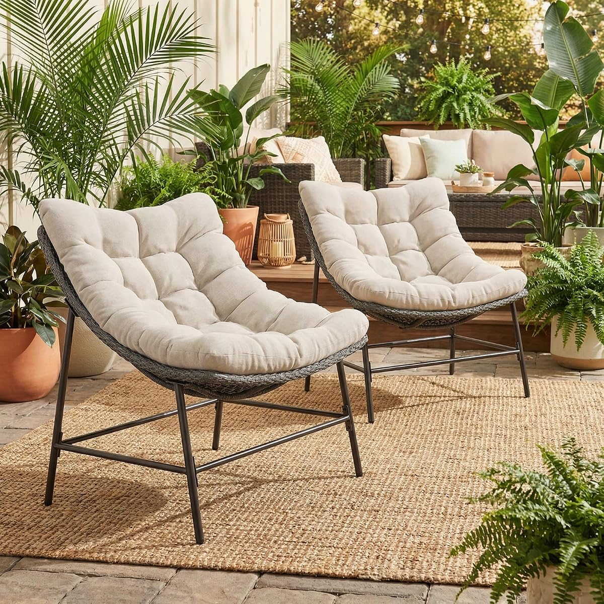 Outdoor Papasan Chairs Set of 2, Oversized Scoop Wicker Chairs