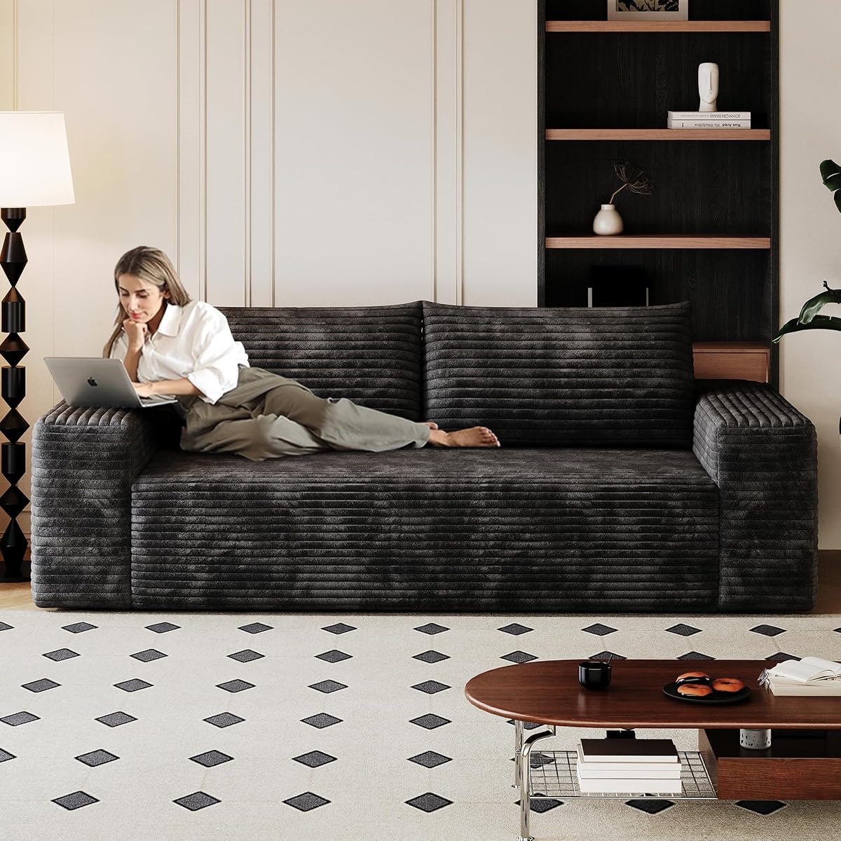 63" Cloud Loveseat Boneless Sofa Couch in a Box, No Assembly Required 2 Seater Foam Compression Couches, Modern Living Room Floor Sofa Couch Corduroy Small Love Seat