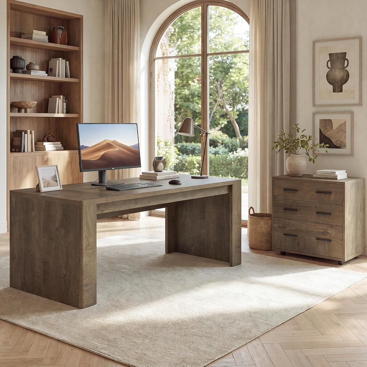 63" L-Shaped Executive Desk with File Cabinet, Brown