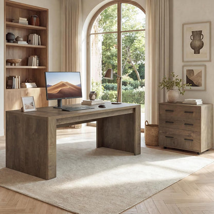 63" L-Shaped Executive Desk with File Cabinet, Brown