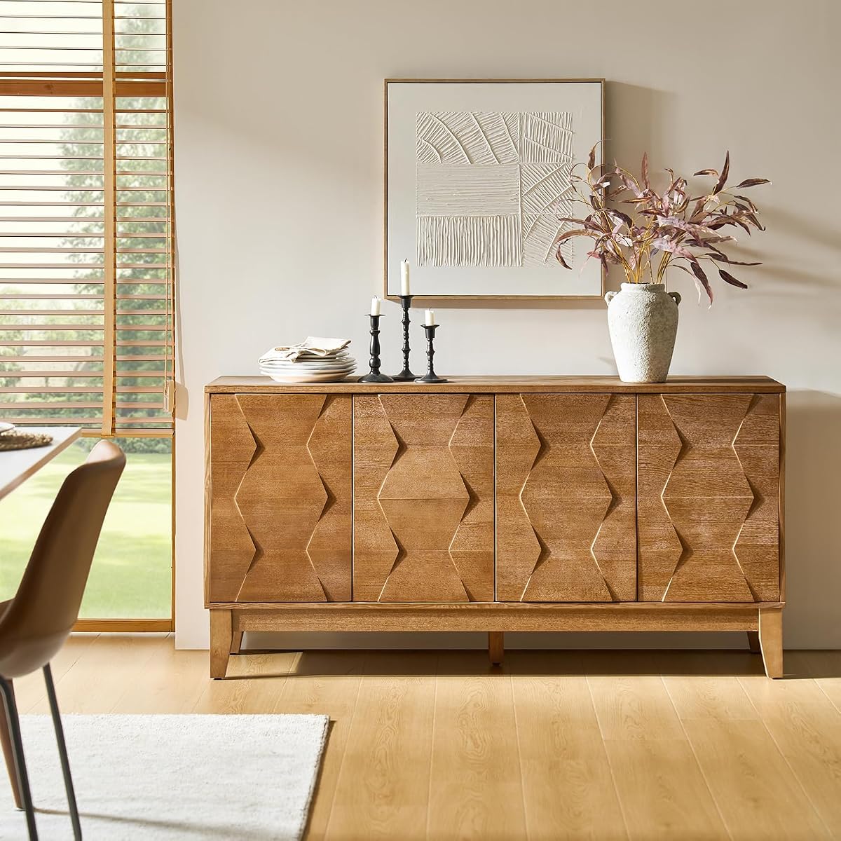 Mid Century Sideboard Buffet Cabinet with Solid Wood Legs, 60" Kitchen Storage Cabinet Credenza with 4 Doors and 2 Shelves, Accent Console Table (Seadrift)