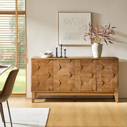 Mid Century Sideboard Buffet Cabinet with Solid Wood Legs, 60" Kitchen Storage Cabinet Credenza with 4 Doors and 2 Shelves, Accent Console Table (Seadrift)