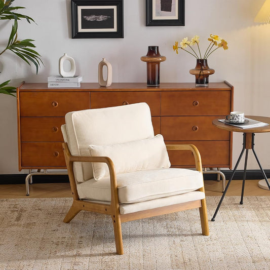 Chenille Mid-Century Modern Accent Chair, Cute Reading Arm Chair with Cushion & Lumbar Pillow & Solid Wood Frame for Lounge, Living Room, Reading Room, Bedroom,Cream