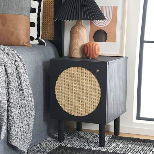 SAFAVIEH Home Collection Ophelia Black/Natural 1-Door Nightstand Bedside Accent Table