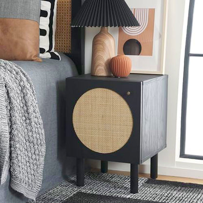 SAFAVIEH Home Collection Ophelia Black/Natural 1-Door Nightstand Bedside Accent Table