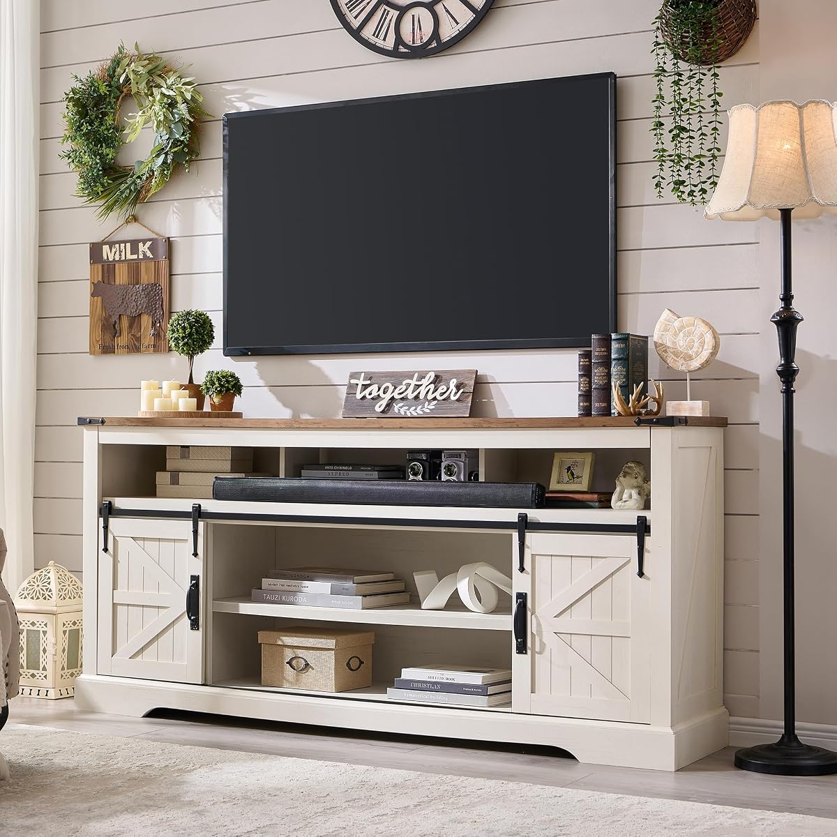 70" Farmhouse TV Stand for TVs up to 80", Antique White