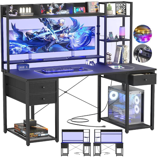 Desk with LED and Outlets, Gaming Desk with Hutch