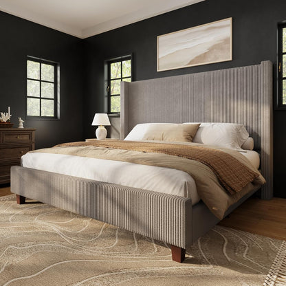 Queen Size Bed Frame with 50.8 Inch Corduroy Wingback Headboard, Taupe