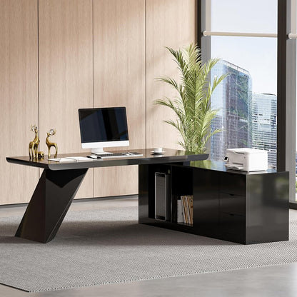 70.9" Modern L-Shape Executive Desk, Home Office Desk with Drawers & Cabinet Modern Computer Desk for Home Business Furniture, Black, Right Hand