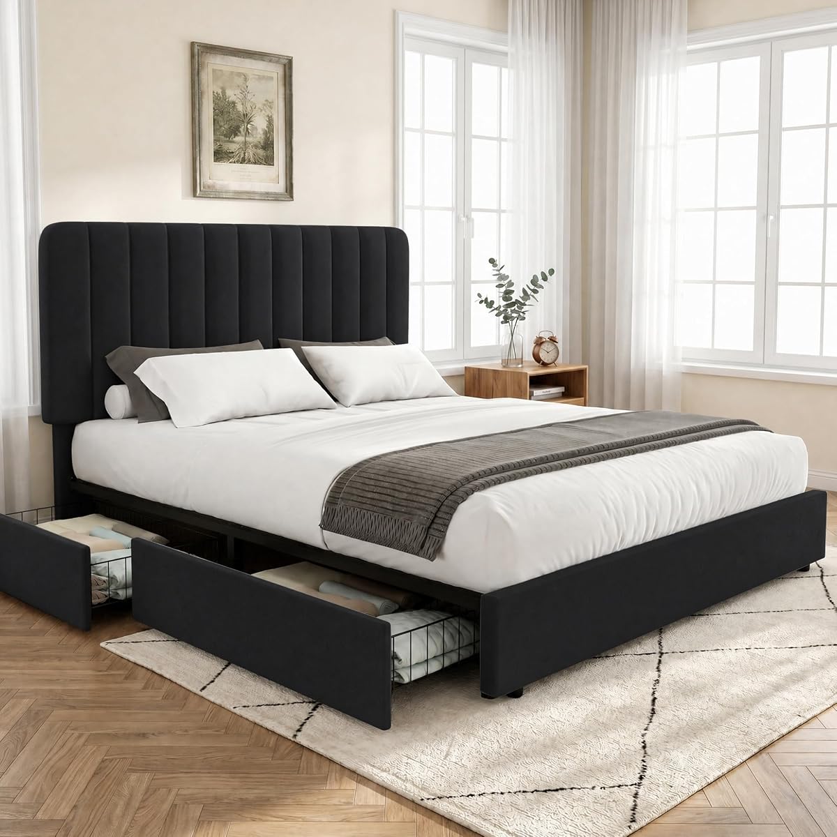 Queen Size Upholstered Bed Frame with 4 Drawers and Headboard