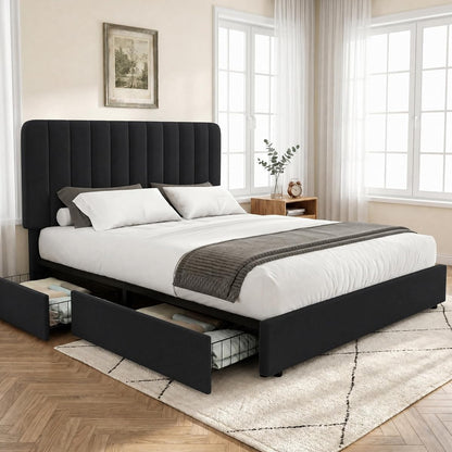 Queen Size Upholstered Bed Frame with 4 Drawers and Headboard