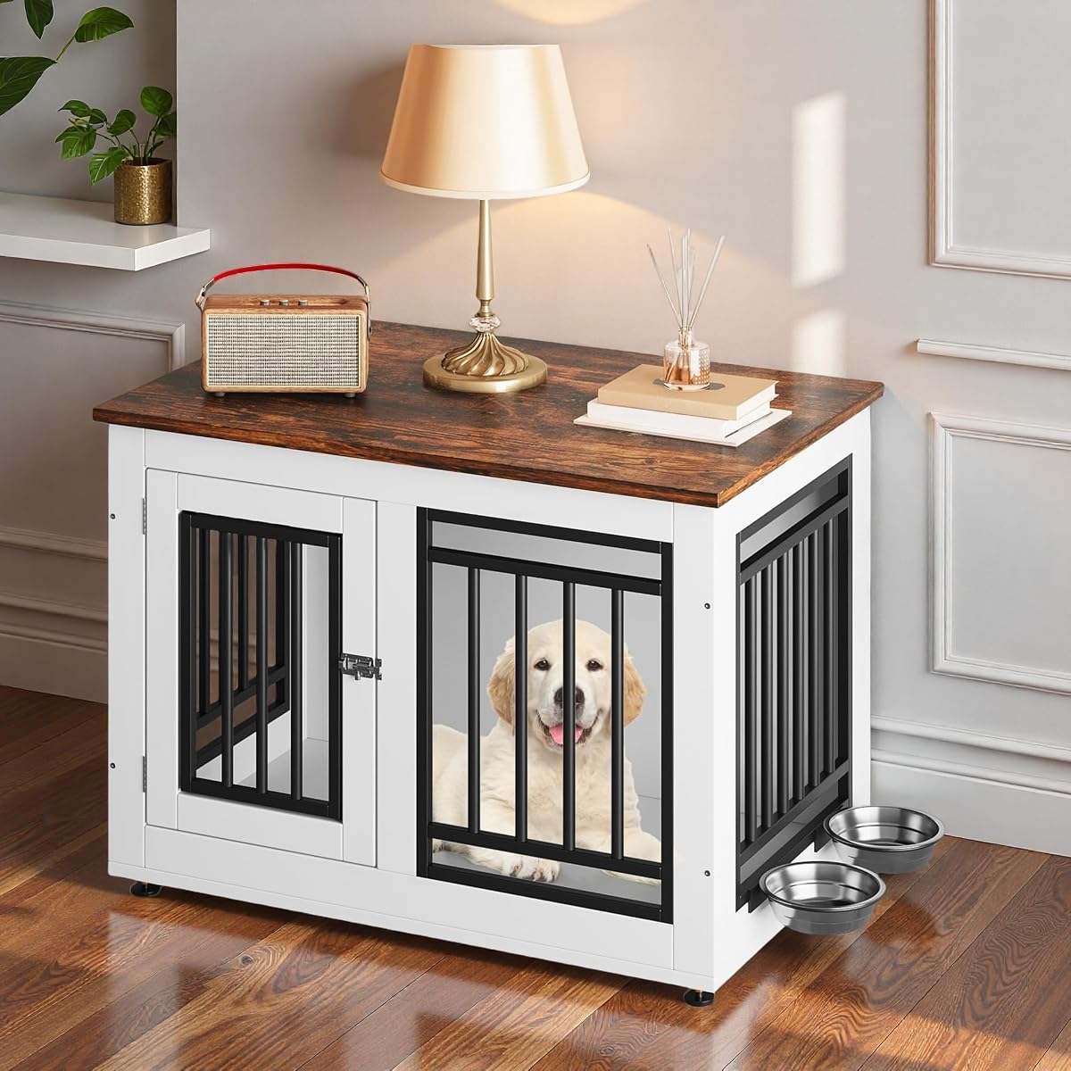 28 Inch Dog Crate Furniture with Adjustable Feet & Removable Bowls