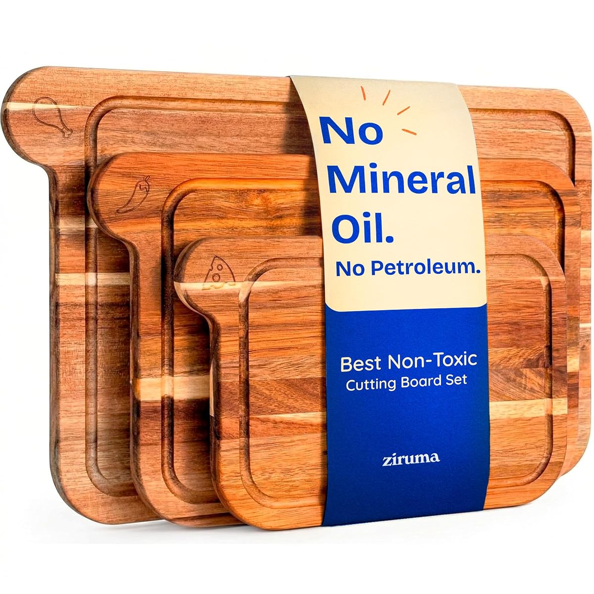 Non-Toxic Acacia Cutting Board Set of 3, Mineral Oil Free, Plastic Free