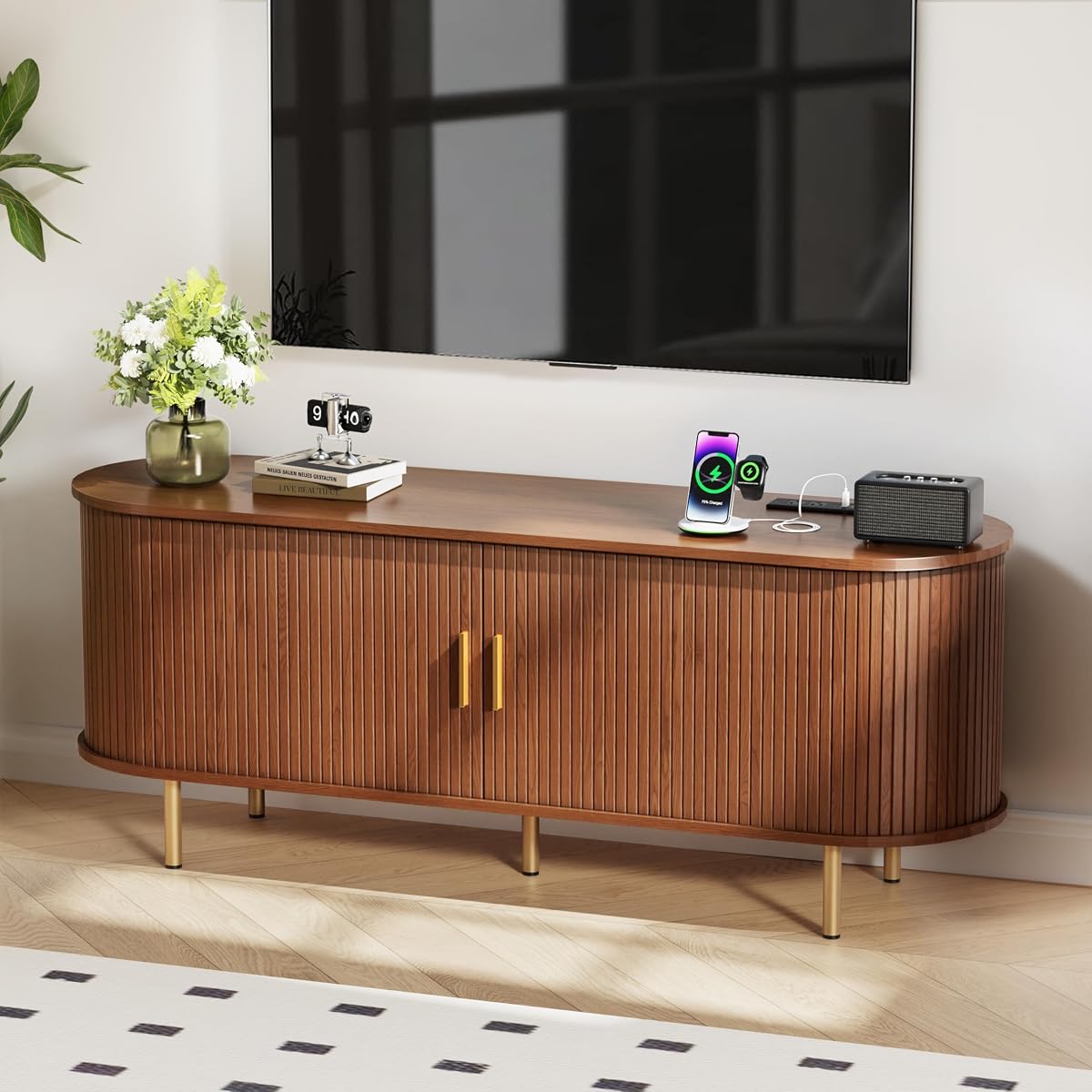 55 Inch Mid Century Modern TV Stand with Power Outlet for TVs up to 60 Inch, Entertainment Center with Storage and Adjustable Shelves, Media Console with Sliding Doors for Living Room(Walnut)
