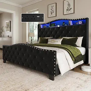 Queen Size Platform Bed Frame with 50.9" LED Headboard, Black, view 2