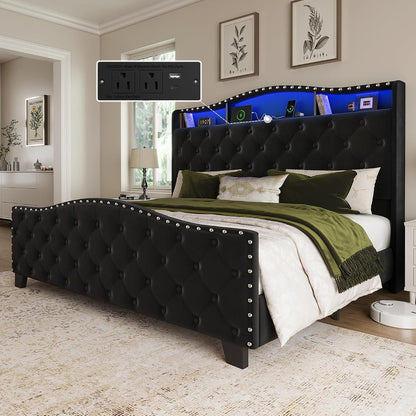 Queen Size Platform Bed Frame with 50.9" LED Headboard, Black