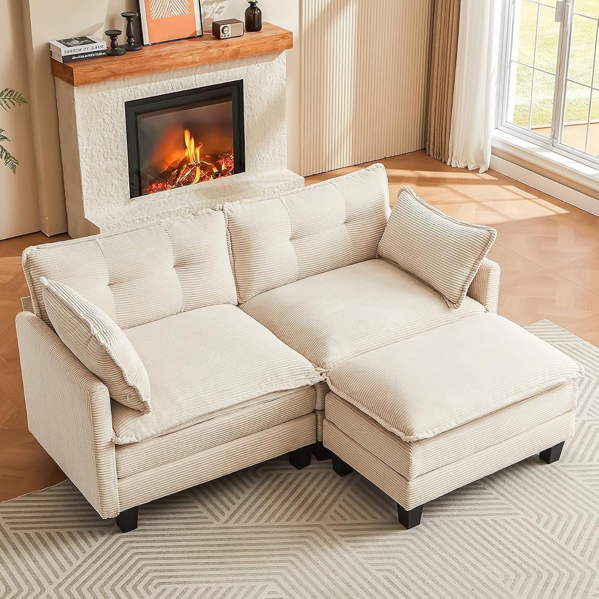76.5" L-Shaped Modular Sectional Sofa, Beige Corduroy | Cloud Couch for Living Room, 2 Seater Deep Seat Convertible Sleeper Sofa with 1 Movable Ottomans and 2 Leg Height Options