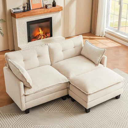 76.5" L-Shaped Modular Sectional Sofa, Beige Corduroy | Cloud Couch for Living Room, 2 Seater Deep Seat Convertible Sleeper Sofa with 1 Movable Ottomans and 2 Leg Height Options