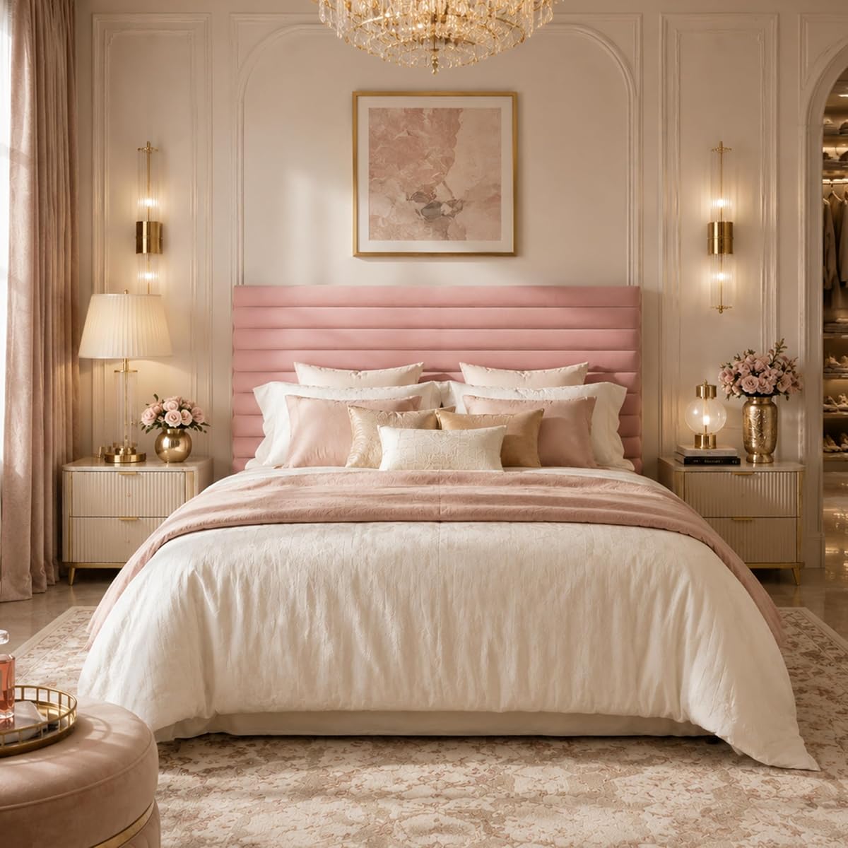 Queen Bed Frame, Velvet Upholstered Bed with Adjustable Headboard